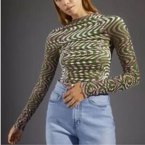 Urban Outfitters Pink and Green Swirl Scrunch Velvet Long Sleeve Top Size XS